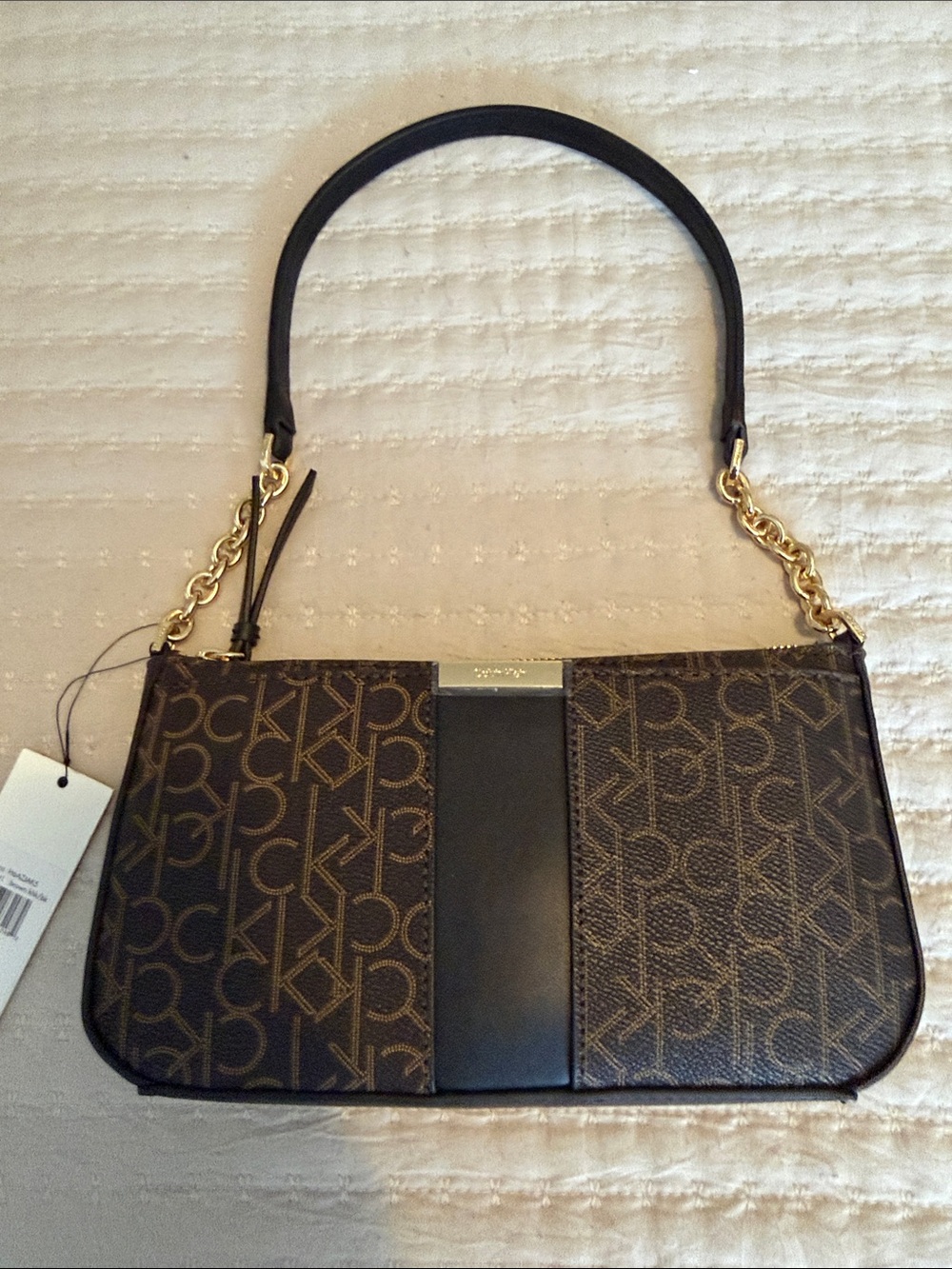 Calvin Klein Brown Iconic Monogram Shoulder Bag w Black Trim & Gold Chain